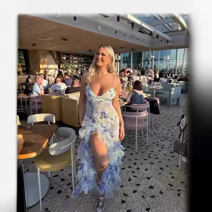 Damen Maxikleid mit 3D-Print für elegante Anlässe und Sommer-Partys – Organza, ärmellos, femininer Stil