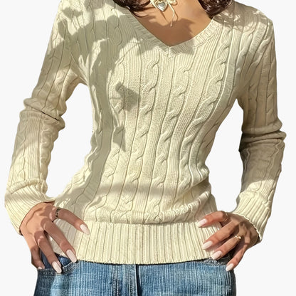 Damen Pullover im Zopfmuster mit V-Ausschnitt – Modischer Freizeit Strickpullover