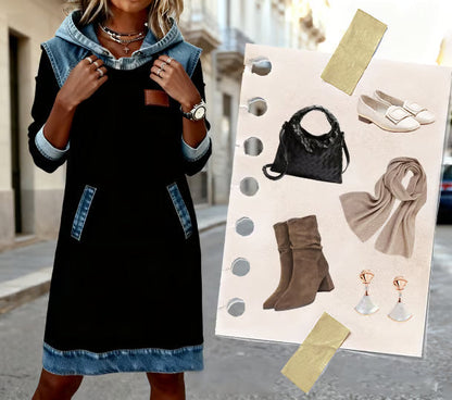 Damen Hoodie-Kleid im Casual-Stil mit Denim-Details – Perfekt für Alltag und Freizeit