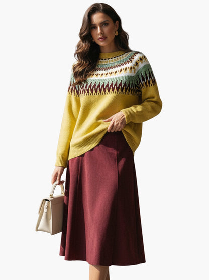 Damen Strickpullover mit geometrischem Muster und A-Linien Rock – Eleganter Freizeit-Look für Herbst und Frühling