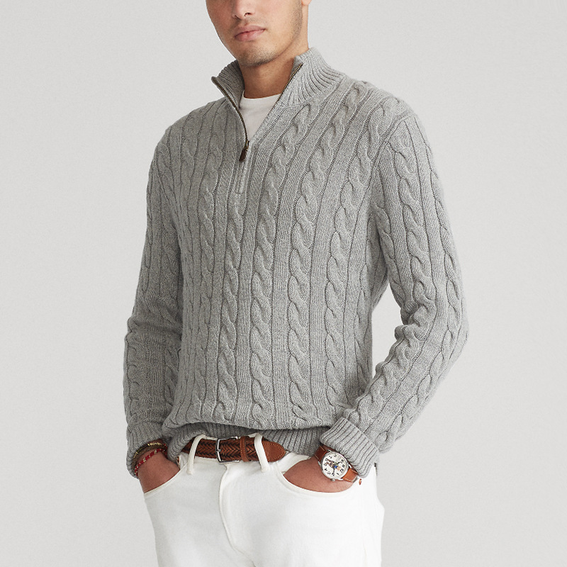 Herren Pullover mit Zopfmuster und halbem Reißverschluss – Eleganter Freizeit-Strickpullover