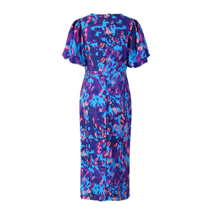 Damen Maxikleid mit Puffärmeln und modischem Animal-Print – Elegantes Partykleid für besondere Anlässe