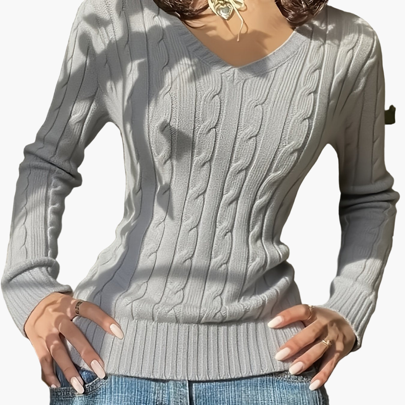 Damen Pullover im Zopfmuster mit V-Ausschnitt – Modischer Freizeit Strickpullover