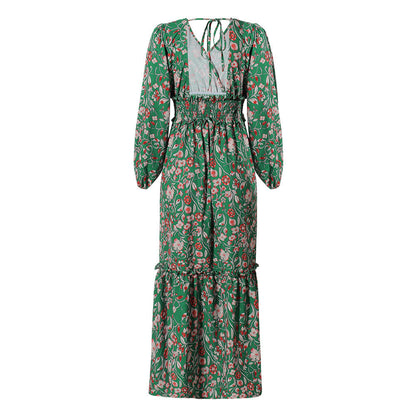 Damen Maxikleid Boho-Stil mit V-Ausschnitt und Blumenmuster – Elegantes Freizeit- und Sommerkleid