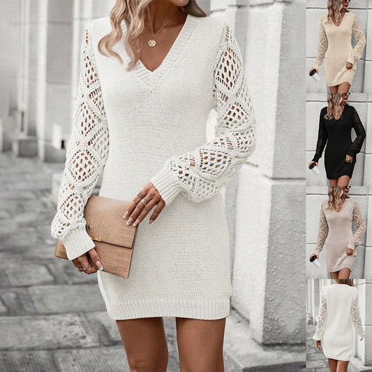 Marion – Strickkleid mit V-Ausschnitt und langen Ärmeln in einfarbig