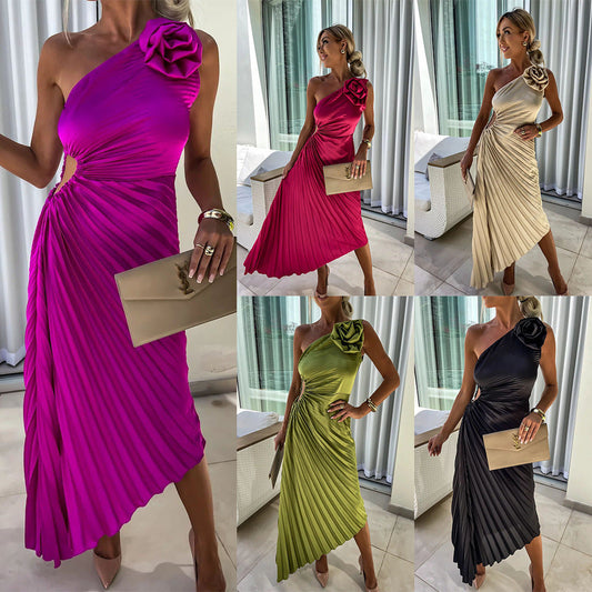 Damen Elegantes One-Shoulder Plissee-Midikleid mit Blütenapplikation – Perfekt für Feste & besondere Anlässe