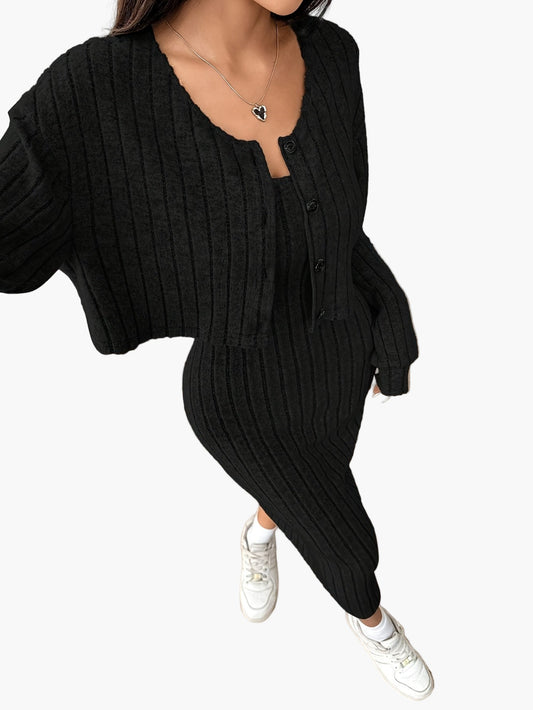 Damen Strick Zweiteiler Set Elegant Freizeit mit Cardigan und Kleid – Ideal für Alltag & Büro