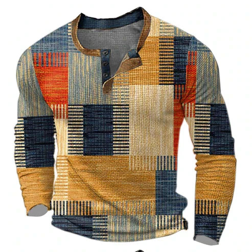 Herren Patchwork Strickpullover – Moderner Henley-Stil für Herbst & Winter