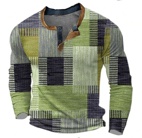 Herren Patchwork Strickpullover – Moderner Henley-Stil für Herbst & Winter