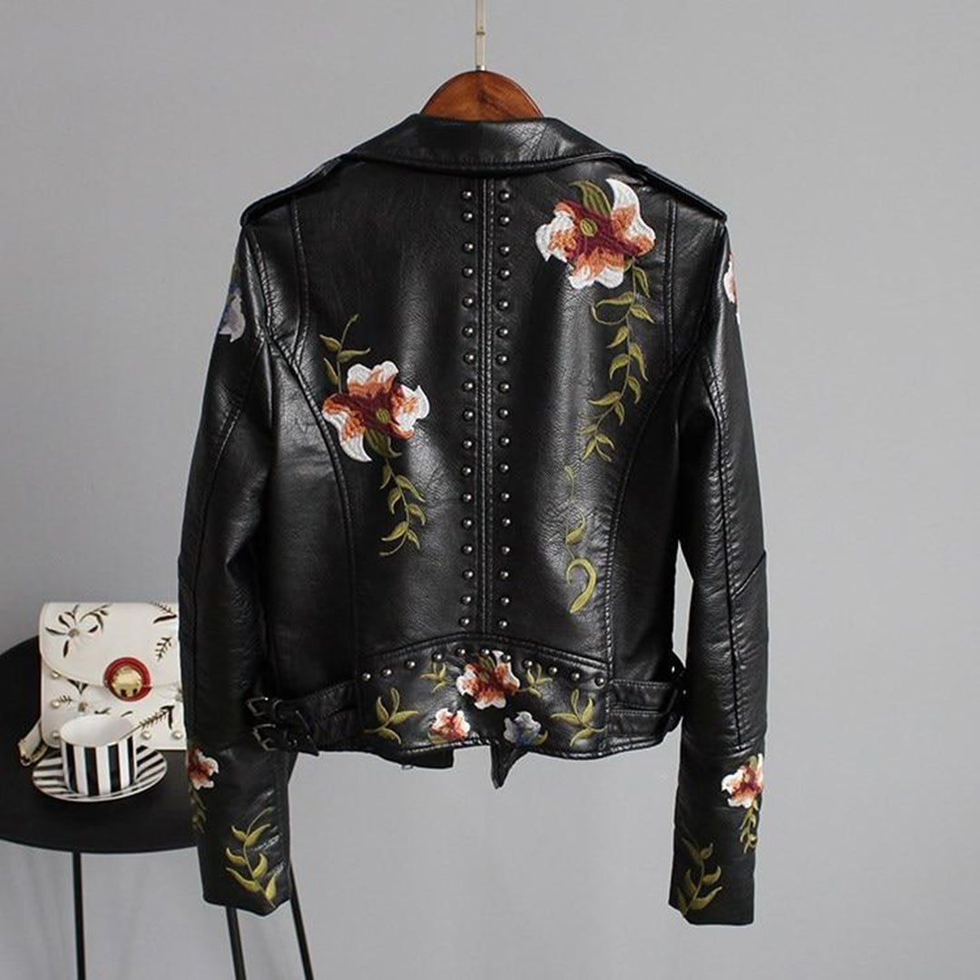 Damen Bikerjacke mit floraler Stickerei – Modische Übergangsjacke für Alltag und Freizeit