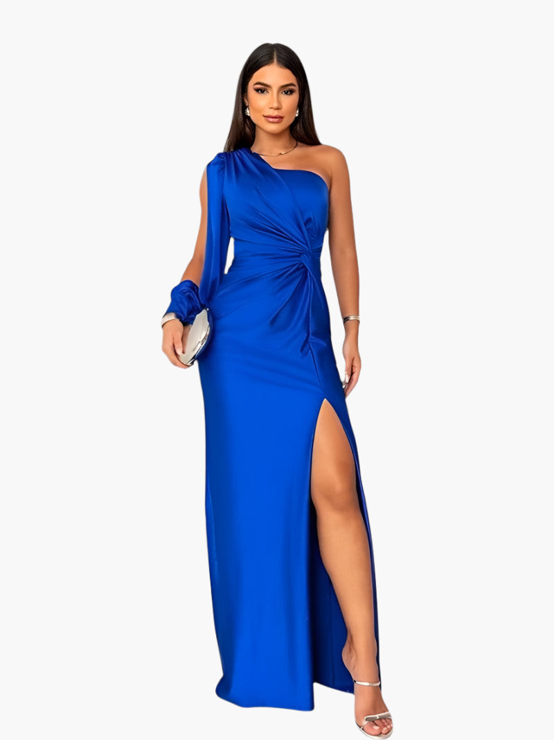 Damen One-Shoulder Abendkleid für elegante Anlässe – Glamouröses Festkleid mit Taillenraffung und Schlitz
