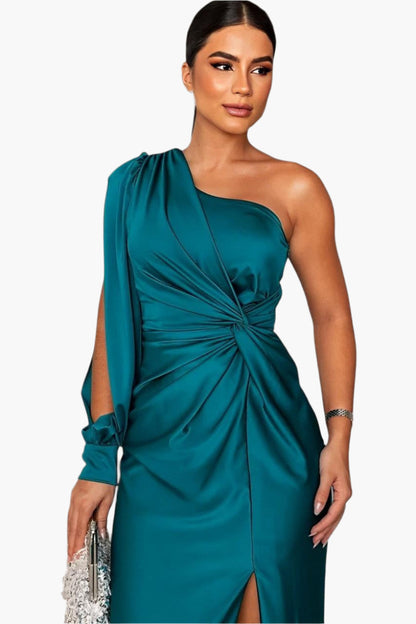 Damen One-Shoulder Abendkleid für elegante Anlässe – Glamouröses Festkleid mit Taillenraffung und Schlitz