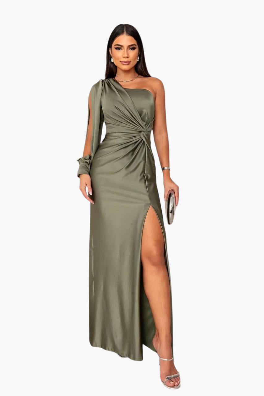 Damen One-Shoulder Abendkleid für elegante Anlässe – Glamouröses Festkleid mit Taillenraffung und Schlitz