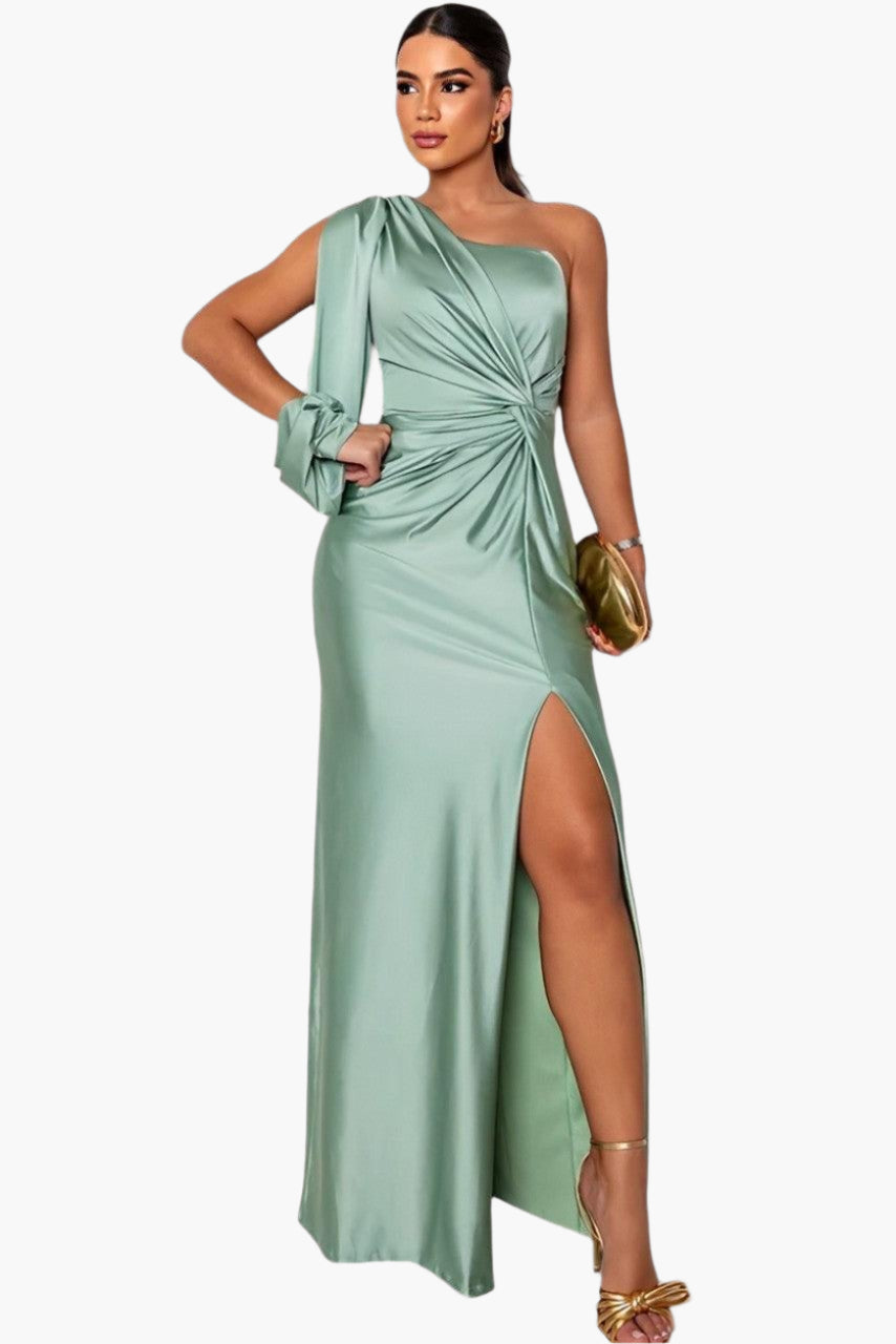 Damen One-Shoulder Abendkleid für elegante Anlässe – Glamouröses Festkleid mit Taillenraffung und Schlitz