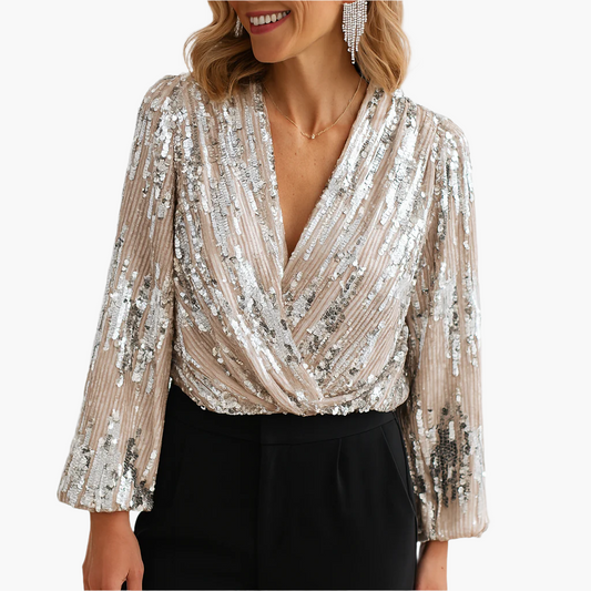 Damen Pailletten Bluse Elegant Vintage Stil – Festliche Langarm Oberteil für Abend und Party