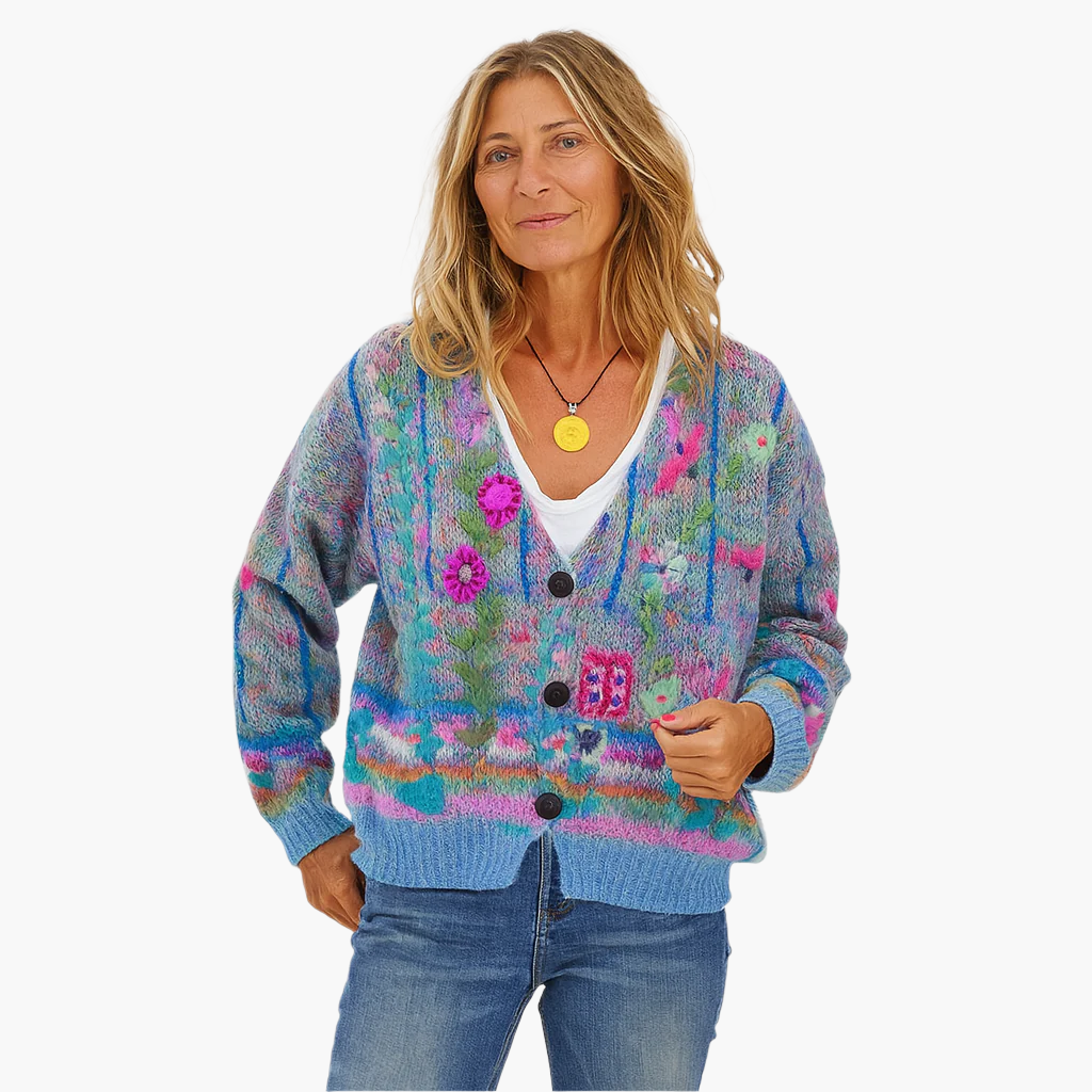 Damen Strickjacke im Boho-Stil mit floralen Akzenten – Gemütliche, modische Cardigan für Freizeit und Alltag