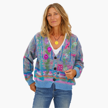 Damen Strickjacke im Boho-Stil mit floralen Akzenten – Gemütliche, modische Cardigan für Freizeit und Alltag