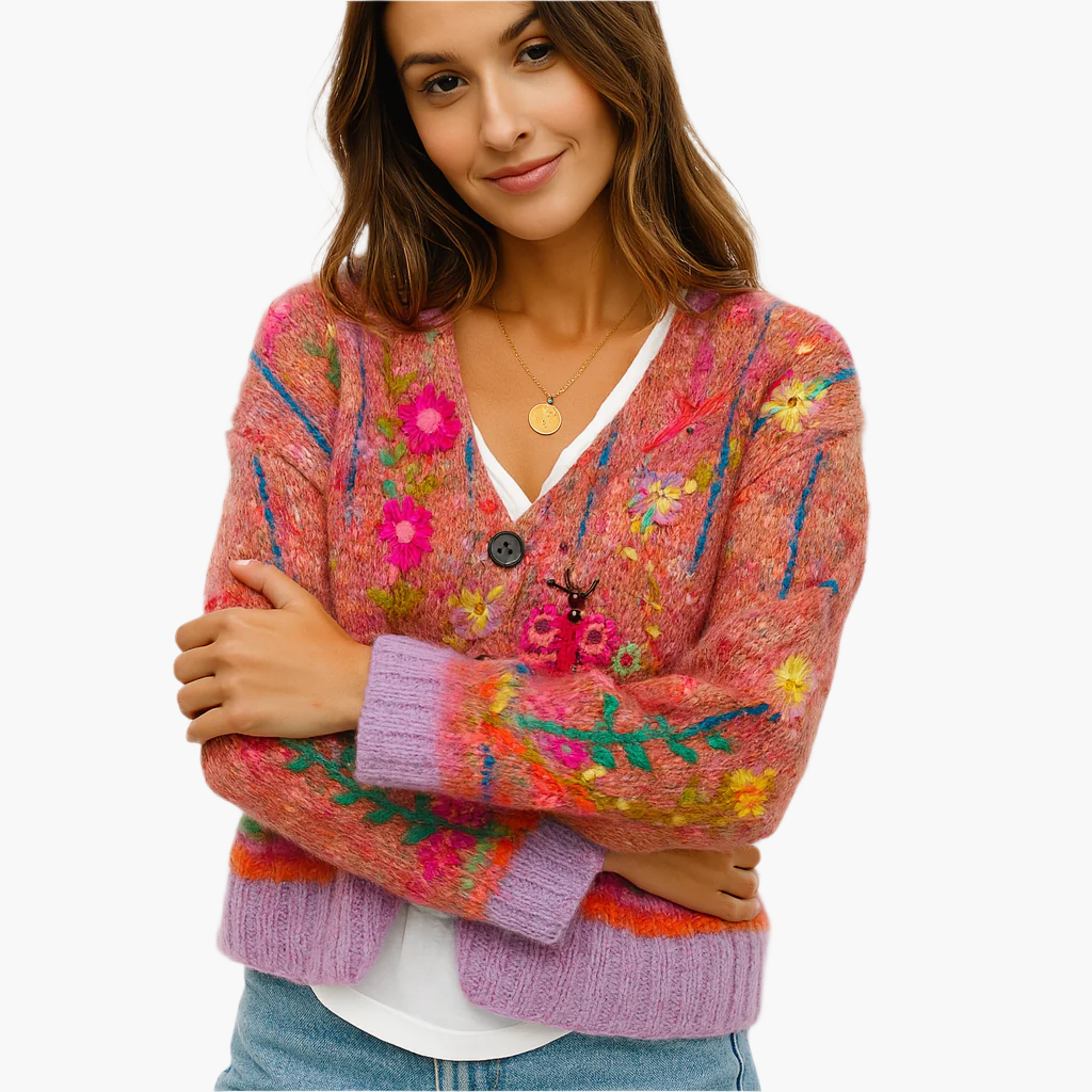 Damen Strickjacke im Boho-Stil mit floralen Akzenten – Gemütliche, modische Cardigan für Freizeit und Alltag