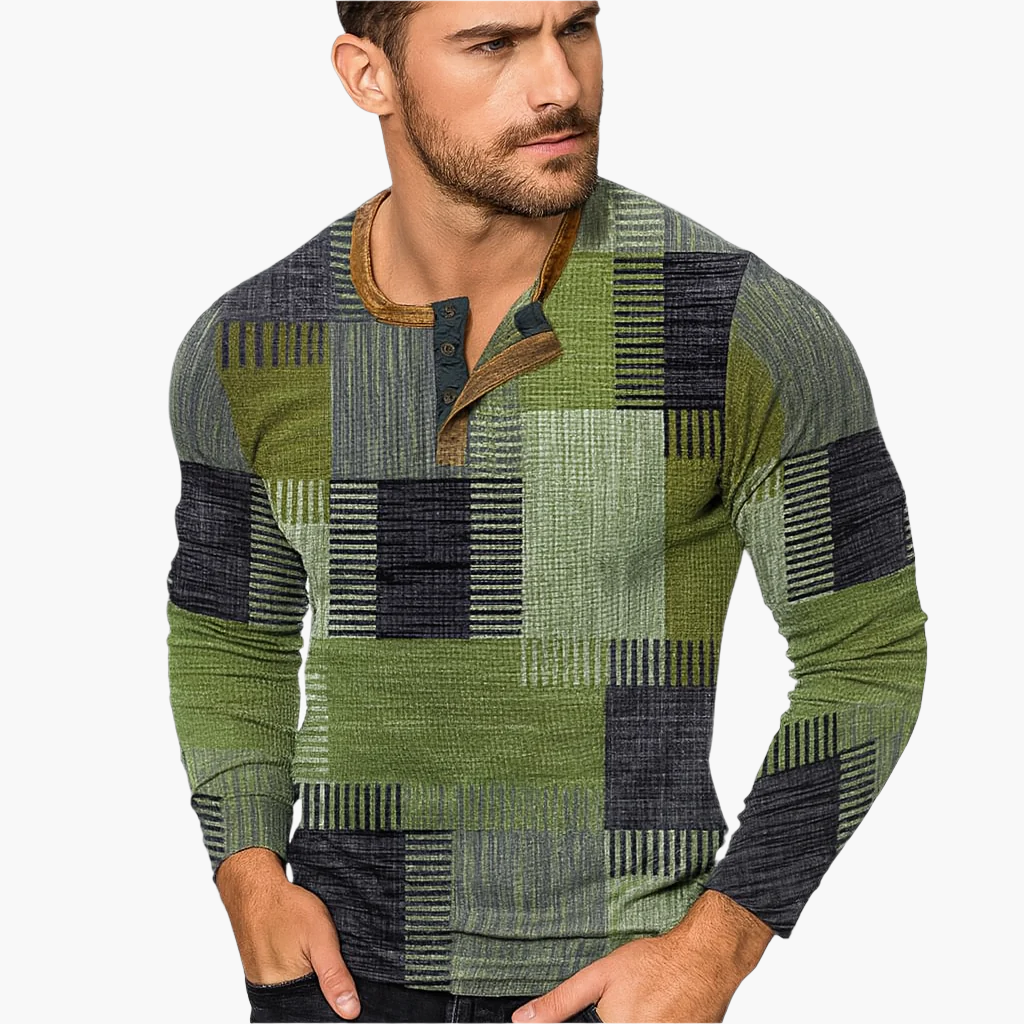 Herren Patchwork Strickpullover – Moderner Henley-Stil für Herbst & Winter