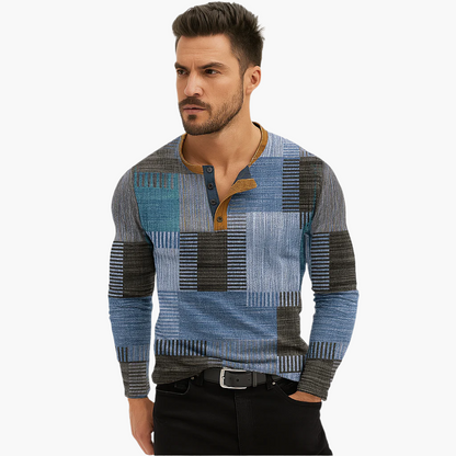 Herren Patchwork Strickpullover – Moderner Henley-Stil für Herbst & Winter