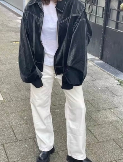 Damen Oversized Kunstleder Bomberjacke Streetstyle Übergangsjacke Trendige Freizeitmode