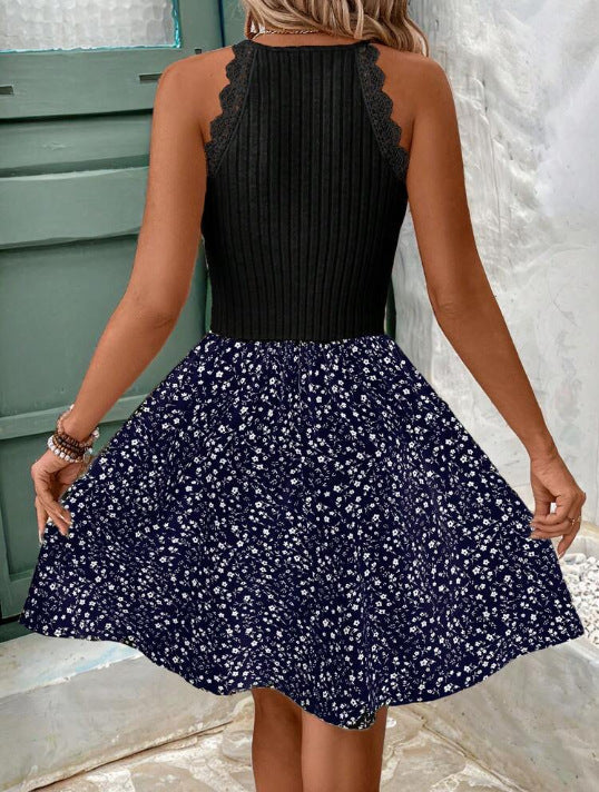 Tracy – Elegantes ärmelloses Patchwork-Kleid mit Blumenmuster