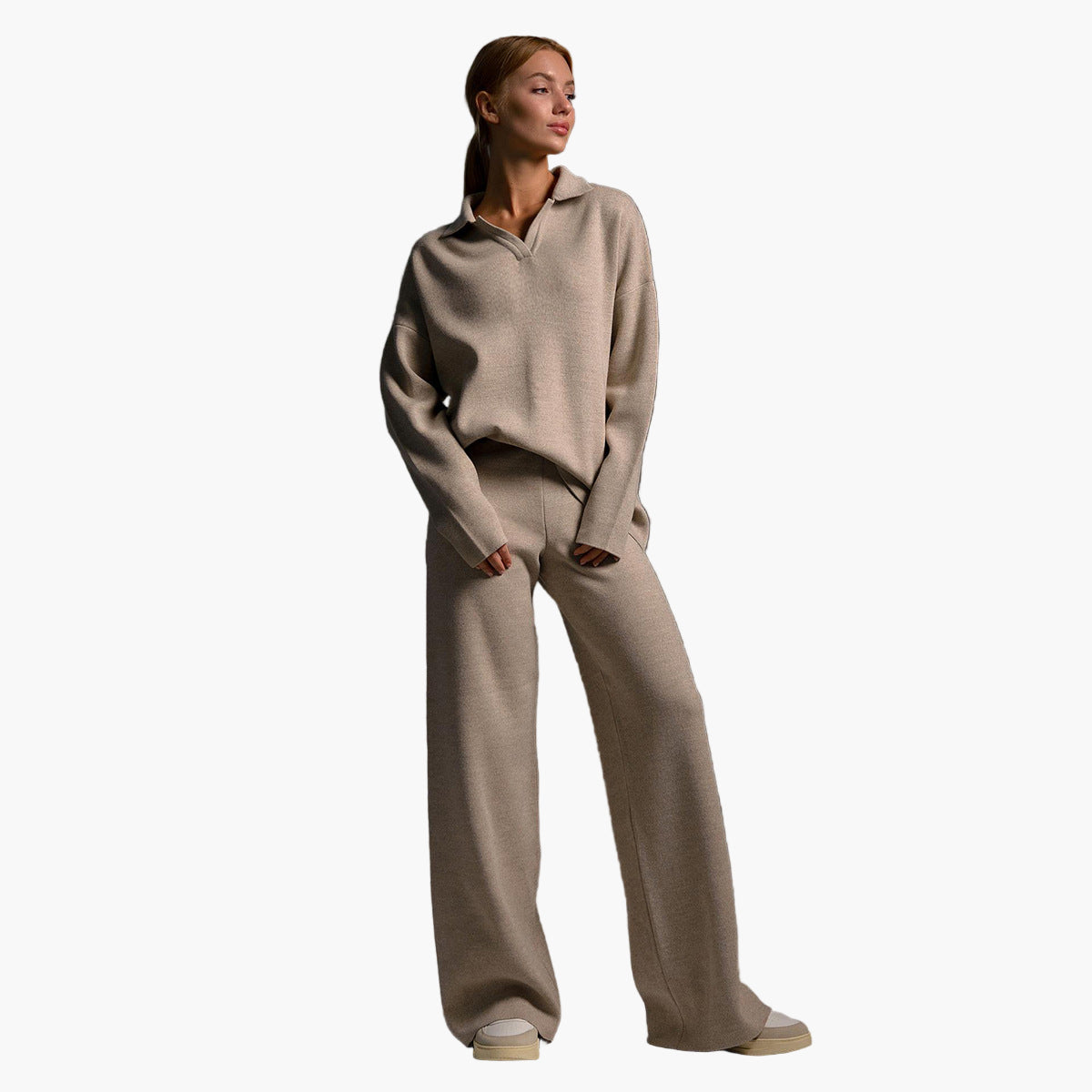 Damen Loungewear Set – Oversized Pullover mit Kragen und Weite Hose – Perfekt für Zuhause & Freizeit