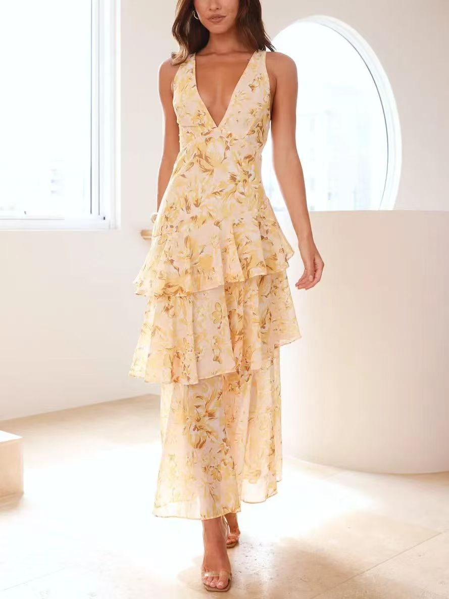 Damen Maxikleid mit Volants und V-Ausschnitt – Elegantes Sommerkleid im femininen Stil für besondere Anlässe