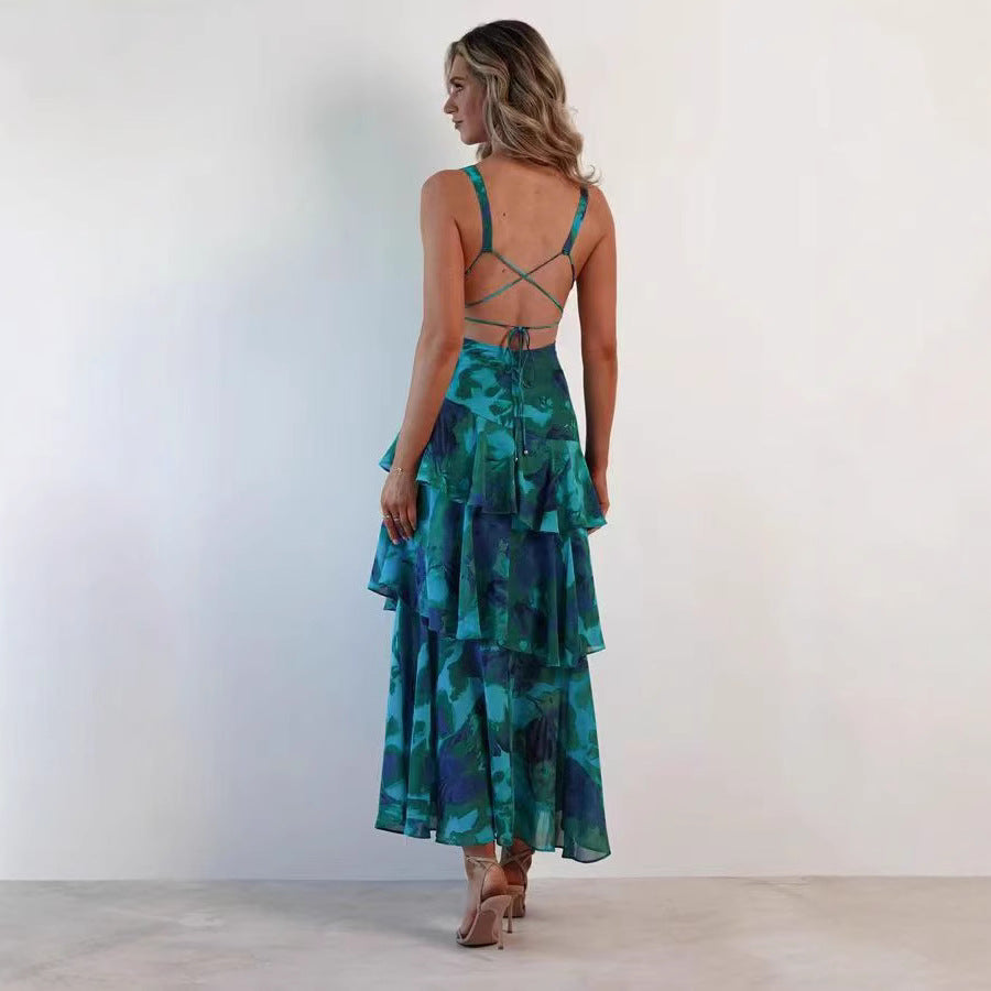 Damen Maxikleid mit Volants und V-Ausschnitt – Elegantes Sommerkleid im femininen Stil für besondere Anlässe