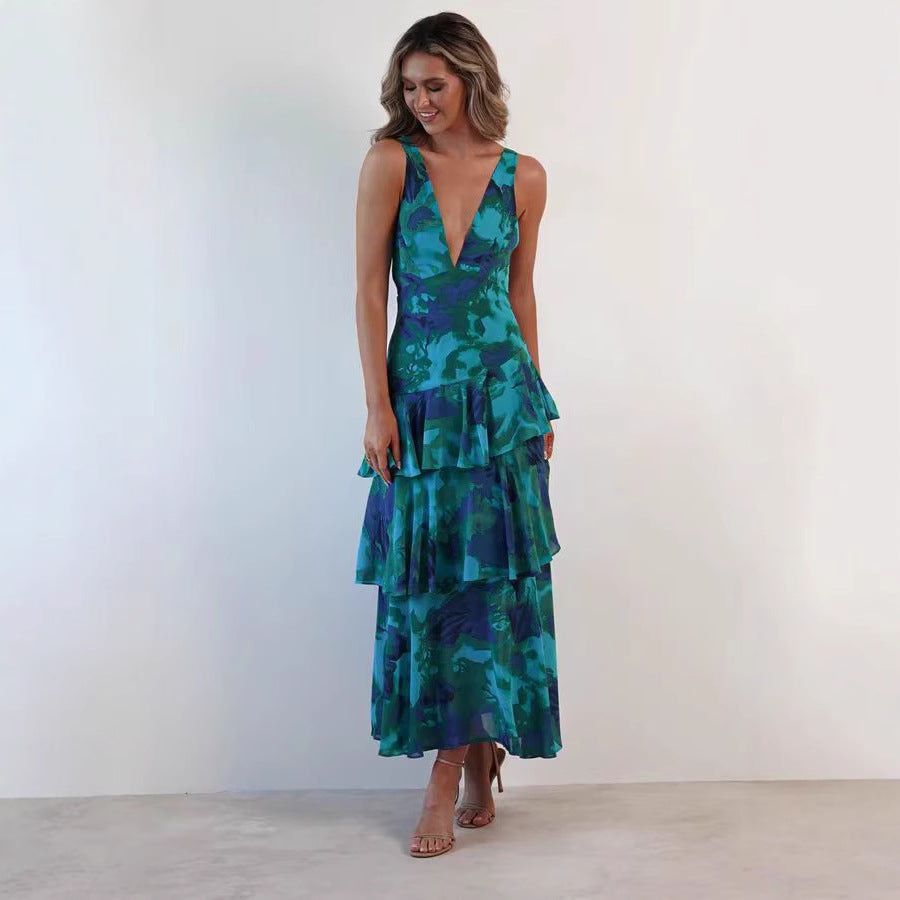 Damen Maxikleid mit Volants und V-Ausschnitt – Elegantes Sommerkleid im femininen Stil für besondere Anlässe