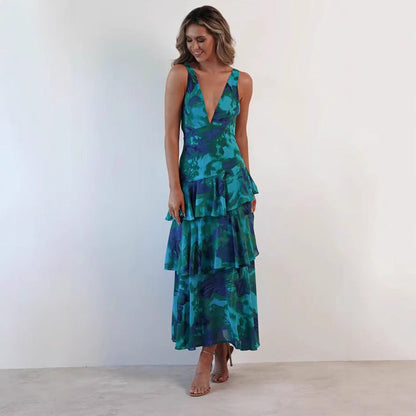 Damen Maxikleid mit Volants und V-Ausschnitt – Elegantes Sommerkleid im femininen Stil für besondere Anlässe