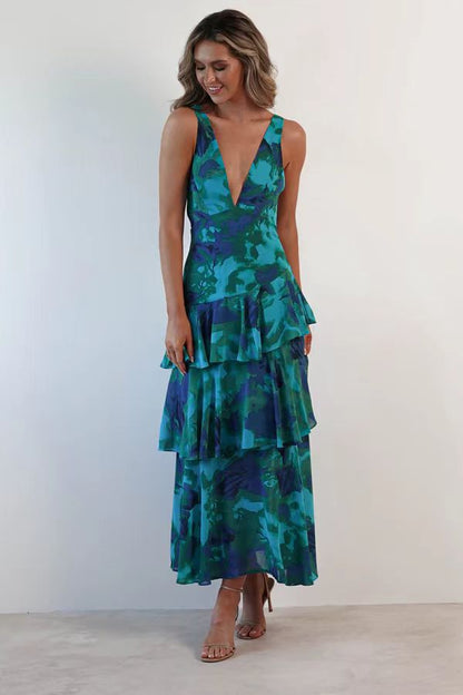 Damen Maxikleid mit Volants und V-Ausschnitt – Elegantes Sommerkleid im femininen Stil für besondere Anlässe