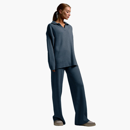 Damen Loungewear Set – Oversized Pullover mit Kragen und Weite Hose – Perfekt für Zuhause & Freizeit
