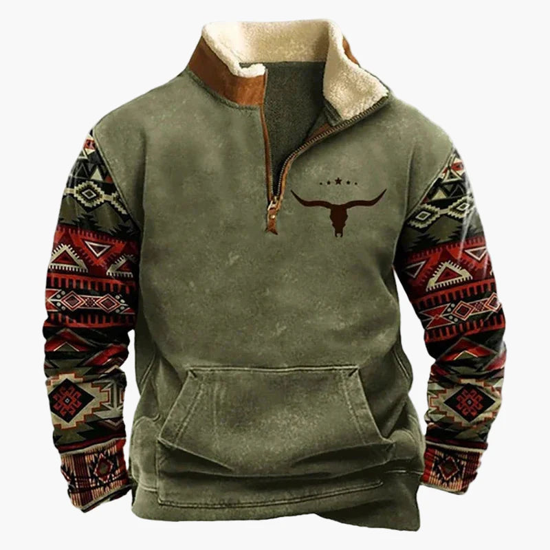 Herren Western Style Pullover mit Azteken-Muster und Longhorn-Motiv – Bequemer Freizeit-Sweater für Outdoor & Alltag