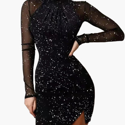 Damen Elegantes Bodycon Minikleid mit Glitzerpunkten – Abendmode Partykleid mit Stehkragen und Mesh-Ärmeln