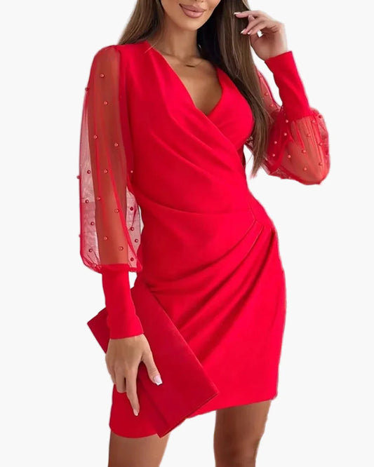 Damen Festliches Cocktailkleid mit Transparenten Ärmeln und Eleganter Wickeloptik – Perfekt für Partys und besondere Anlässe