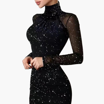 Damen Elegantes Bodycon Minikleid mit Glitzerpunkten – Abendmode Partykleid mit Stehkragen und Mesh-Ärmeln