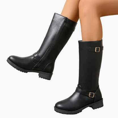 Damen Kniehohe Stiefel mit Schnallen und Blockabsatz – Elegante Alltagsschuhe für Herbst und Winter