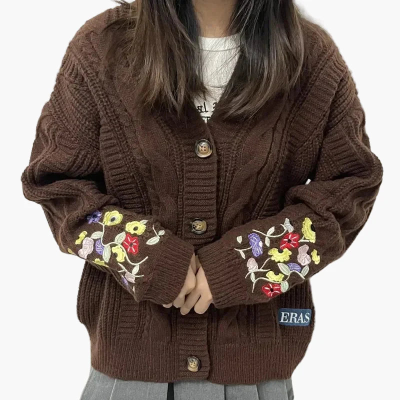 Damen Strickjacke im Vintage-Stil mit Blumenstickerei – Lässiger Cardigan für Alltag und Freizeit