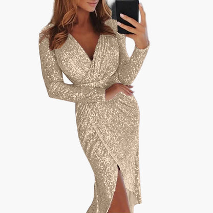 Damen Elegantes Partykleid mit Pailletten und Wickeloptik – Tiefer V-Ausschnitt, Lange Ärmel, Perfekt für Abendveranstaltungen und Clubs
