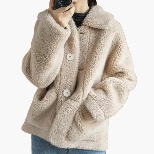 Damen Teddyfell Kurzjacke mit Knöpfen – Modischer Wintermantel für Alltag und Freizeit