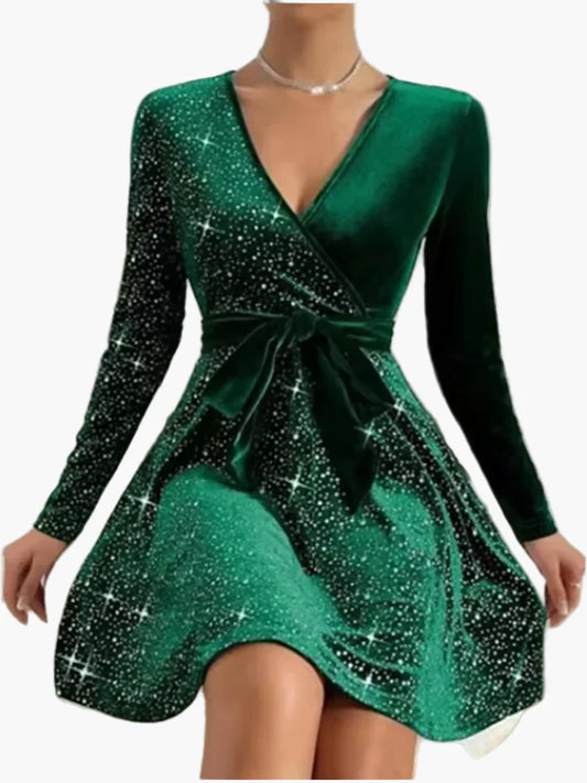 Damen Glitzer Partykleid mit Schleife und V-Ausschnitt – Elegantes Skaterkleid für festliche Anlässe