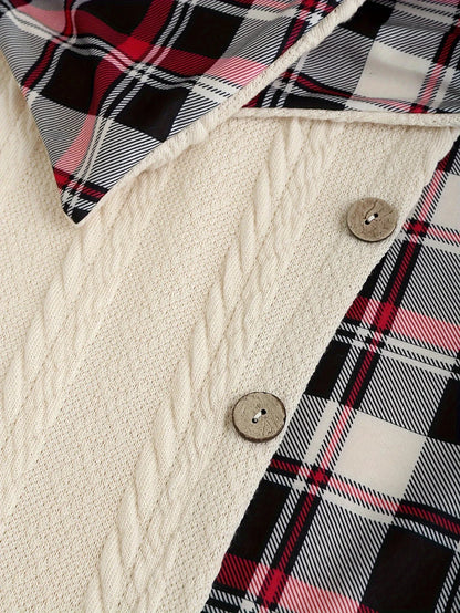 Damen Kapuzenkleid im Strick-Look mit Karomuster – Modisches Freizeitkleid für Herbst und Winter