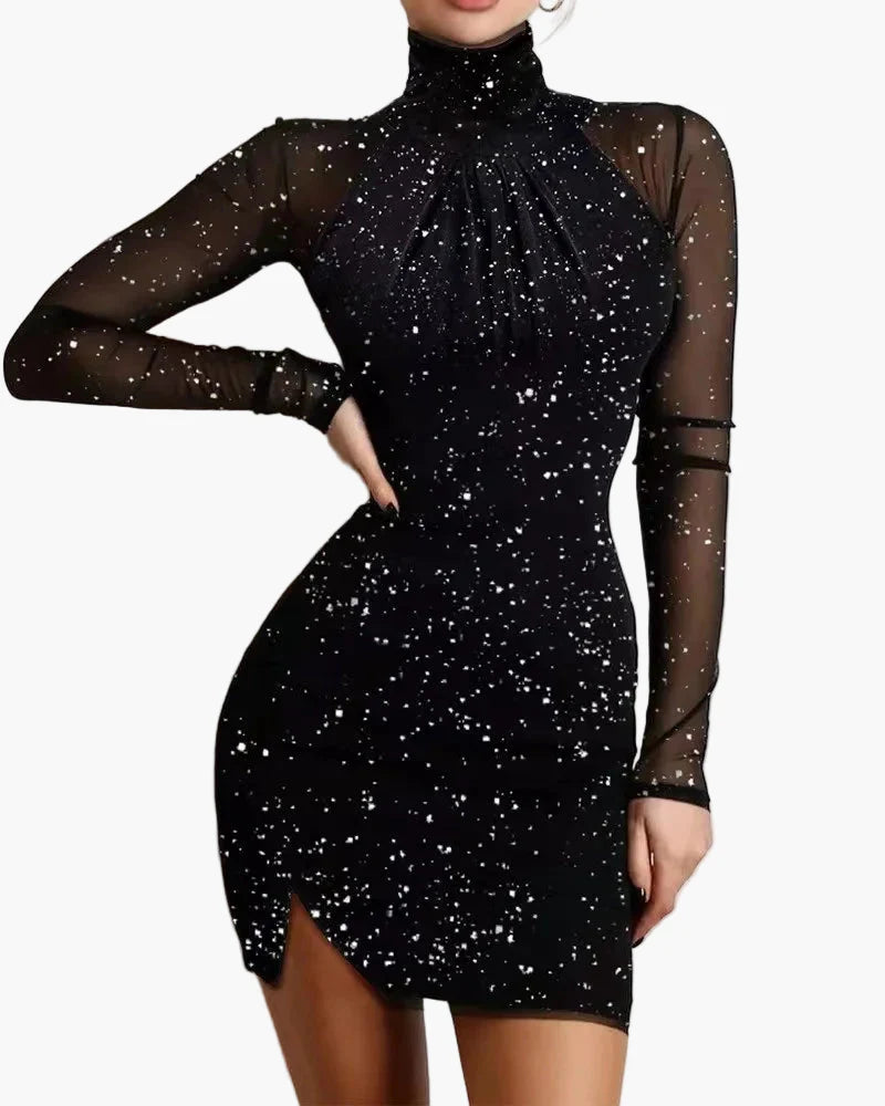 Damen Elegantes Bodycon Minikleid mit Glitzerpunkten – Abendmode Partykleid mit Stehkragen und Mesh-Ärmeln