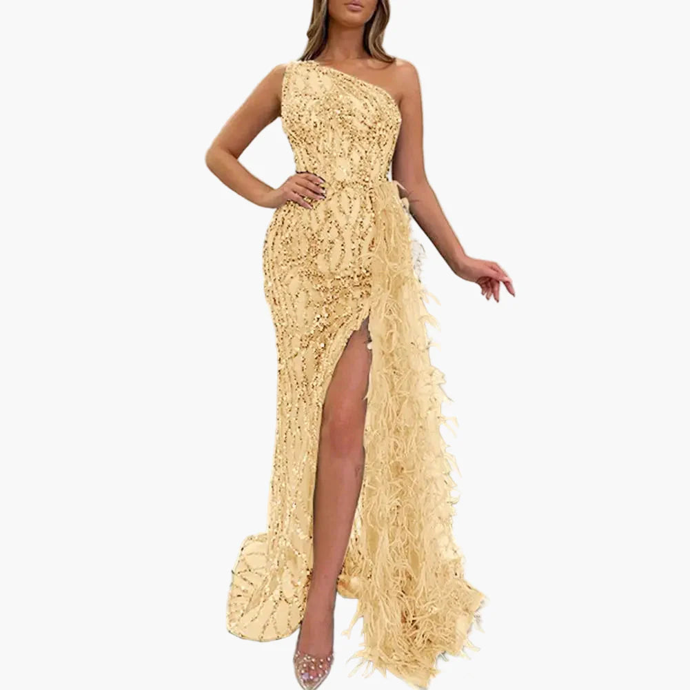 Damen Abendkleid Asymmetrisch mit Pailletten und Federn – Elegantes Ein-Schulter-Maxikleid für Party & Gala