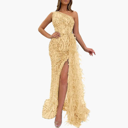 Damen Abendkleid Asymmetrisch mit Pailletten und Federn – Elegantes Ein-Schulter-Maxikleid für Party & Gala