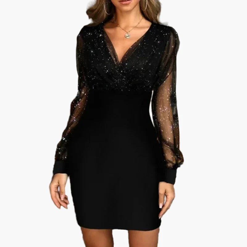 Damen Abendkleid mit Glitzer und transparenten Ärmeln – Elegantes Partykleid für festliche Anlässe