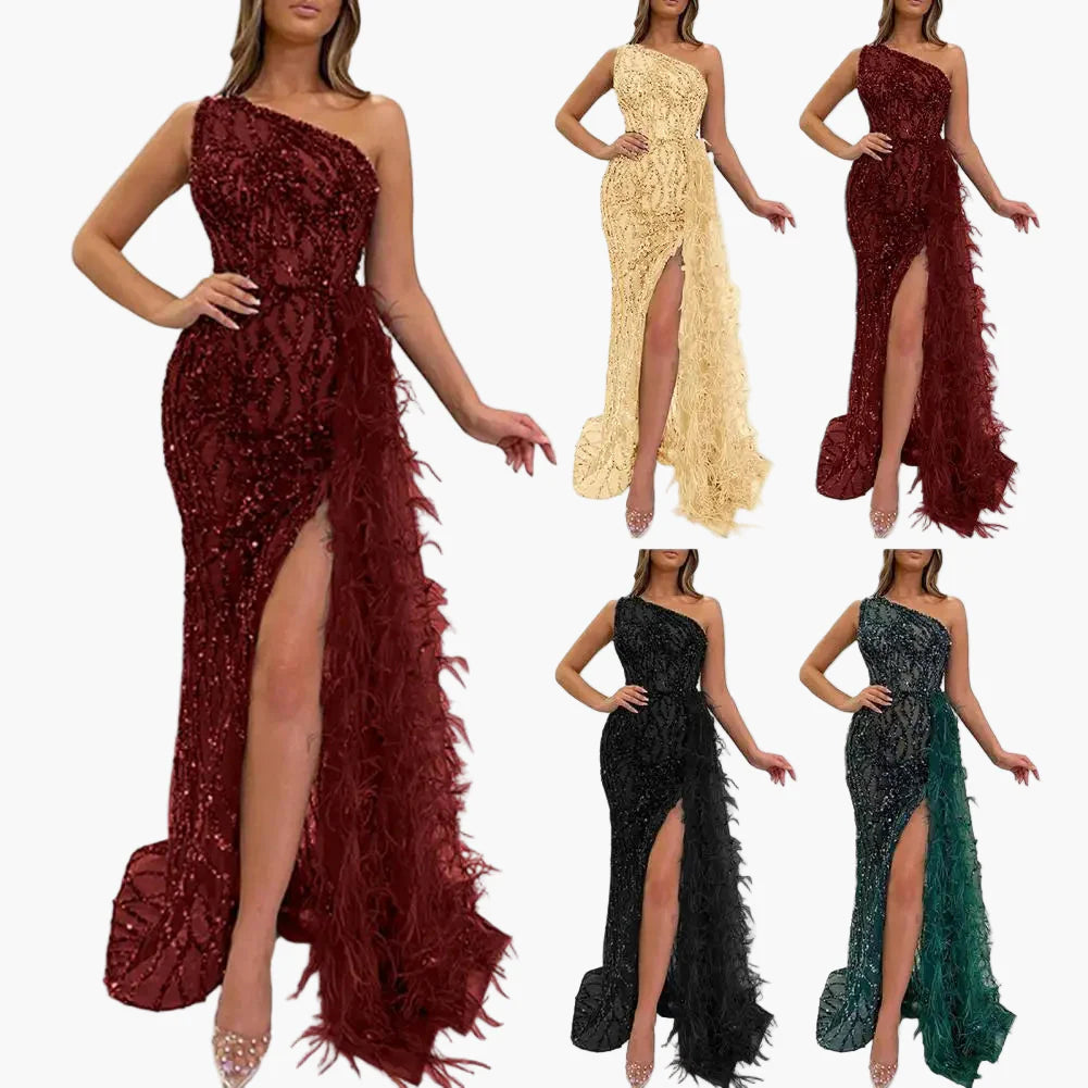 Damen Abendkleid Asymmetrisch mit Pailletten und Federn – Elegantes Ein-Schulter-Maxikleid für Party & Gala