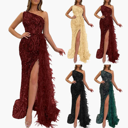 Damen Abendkleid Asymmetrisch mit Pailletten und Federn – Elegantes Ein-Schulter-Maxikleid für Party & Gala