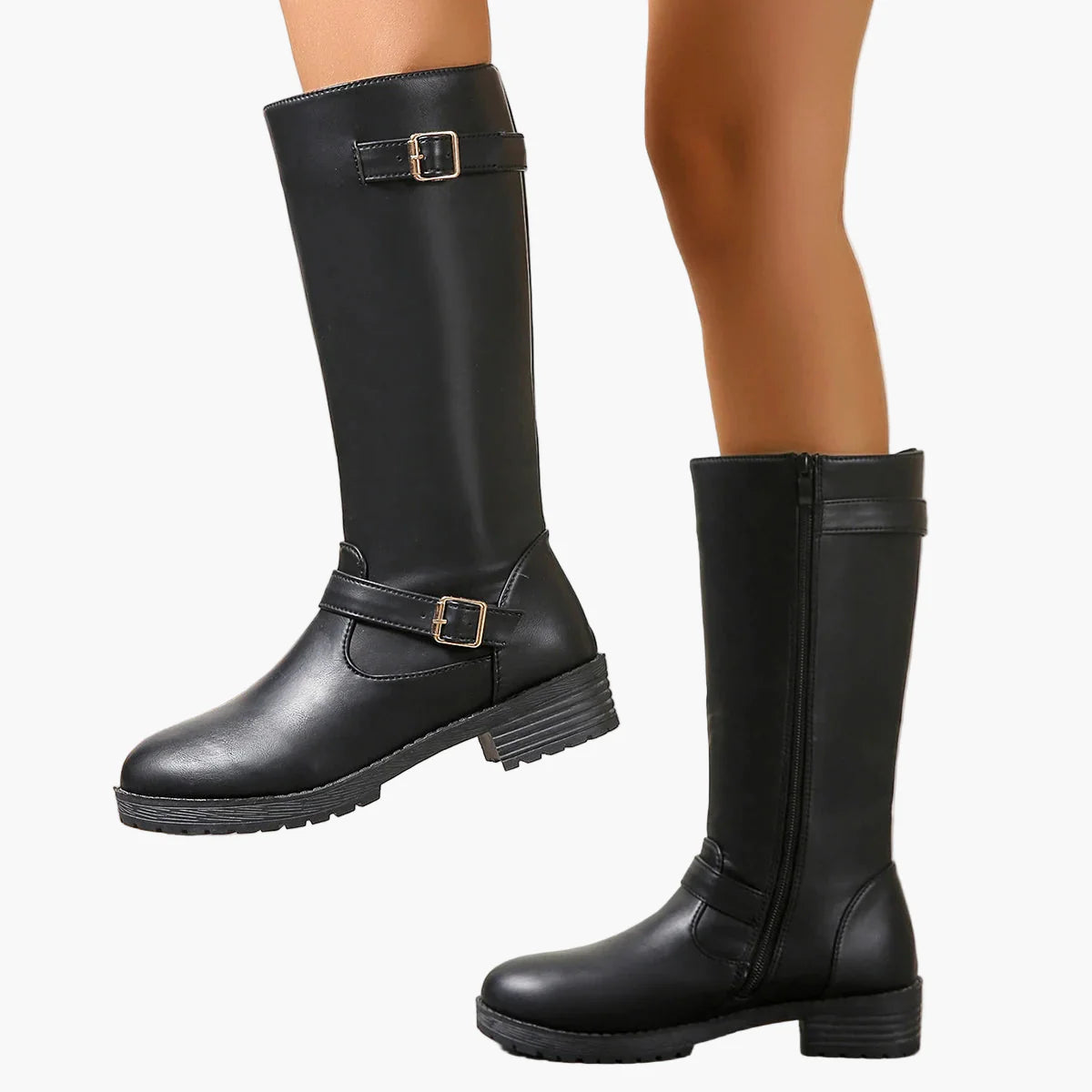 Damen Kniehohe Stiefel mit Schnallen und Blockabsatz – Elegante Alltagsschuhe für Herbst und Winter